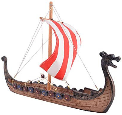 misppro Wikingerdrachen-Langschiff-Modell aus Kunstharz, mit Segel, 25,4 x 5,5 x 17,8 cm, handbemalt, Desktop-Dekoration für Zuhause und Büro