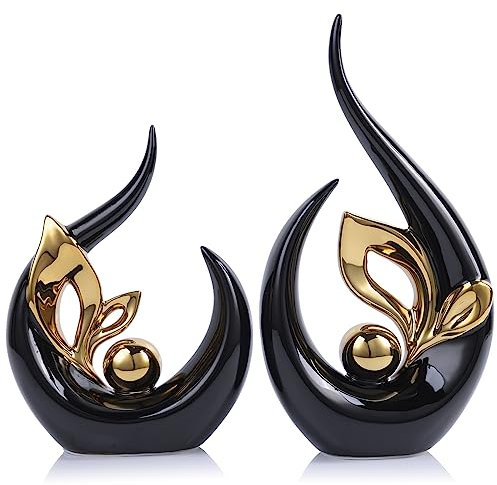 LCCCK Moderne Schwarz & Goldene Keramik-Skulptur – Abstrakte Kunststatue 33cm im Skandinavischen Design für Wohnzimmer Esstisch, Büro und Eingangsbereich Dekorakzent
