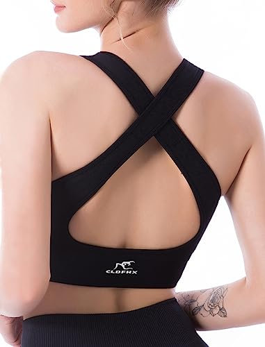 CLDFHX Damen Sport BH Gekreuzt Nahtlos Ohne Bügel Bequem Sport Top Crop Gym BH mit Kreuzträgern für Yoga Workout Fitness, Schwarz, S
