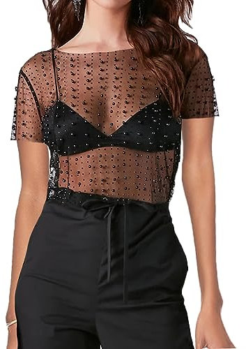 LOFAAC Sexy bauchfreies Damen-T-Shirt mit Perlen und Perlen, schmale Passform, kurze Ärmel, durchsichtig, bauchfreies Oberteil, Black Pearl, Mittel