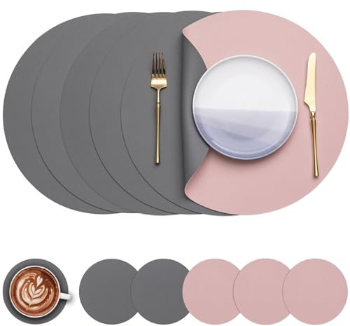 Myir JUN Round Table Placemats Set of 6 Faux Leather Place Mats and Coasters 15 inch Round Dual Sided Placemats Non-Slip Wipe Clean Stain Resistant (Gray Pink,Set of 6)