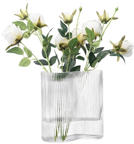 Navaris Jarron Cristal Ondulado - Jarrón Moderno diseño de Vidrio Estriado - 18,5 x 12 x 20 cm - Resistente y Estable - Estilo Elegante Actual - Transparente