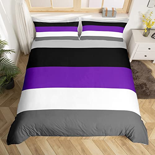 Homewish Geometric Stripes Duvet Cover Set with 2 Pillowcases - Super King Size, 100% Soft & Breathable Polyester, Zip Closure - Purple Black Grey Bedding - Modern Simple Pattern with Black Reverse