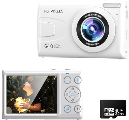 Fine Life Pro Appareil photo numérique FHD 1080P, 64MP, zoom numérique 18X, anti-tremblement, appareil photo compact LCD 3,0 avec carte SD de 32 Go pour enfants, débutants, garçons et filles
