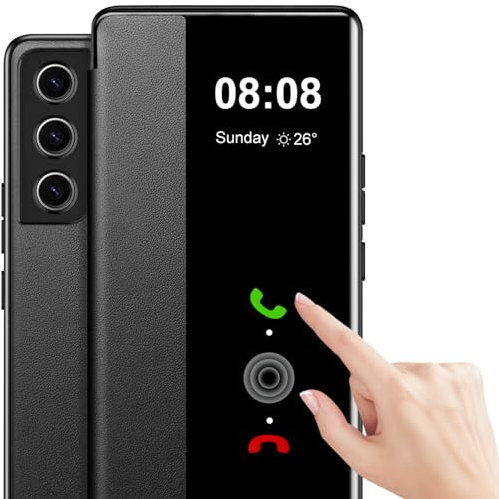 Nshkeji Étui de protection pour Samsung Galaxy S21 5G - Clear View - View tactile - À rabat - En cuir souple - Ultra fin - Anti-chocs - Noir