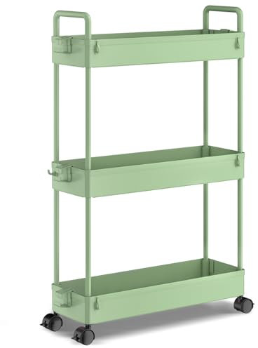 SOLEJAZZ 3-Tier Storage Trolley Cart Slide-out Slim Rolling Utility Cart Mobile Storage Shelving Organizer for Kitchen, Bathroom, Laundry Room, Bedroom, Narrow Places, Plastic, Green