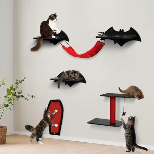 Gothic Cat Wall Shelves 6 Pcs Wall-Mounted Cat Climber Set Cat Tree Bed with Bridge Ladder Steps Scratching Board Posts Hanging Spider Toy Cat Condo Furniture for Cats