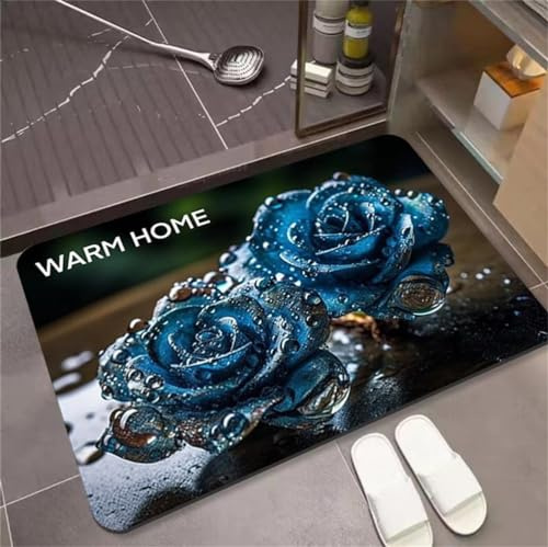 Hixingo Badematte rutschfeste 3D-Kristall-Rose Muster Badvorleger Saugfähige Kieselgur Bodenmatte Schnelltrocknende Badezimmerteppich Waschbar für Dusche, Badewannen, Küche (Blaue Rose,50x80cm)