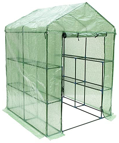 Garden Universe Greenhouse Green PE Cover 8 Shelves 1.4m x 1.4m WalkIn RollUp Door Polytunnel GH02G-Amz