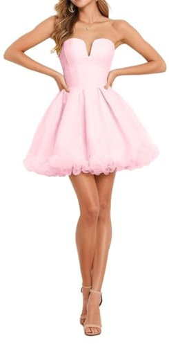 WSEYU Robe de bal courte en tulle sans bretelles avec poches pour adolescents, rose, 54