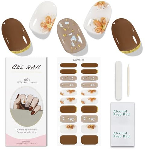 JMEOWIO Gel Nail Stickers Cream Coffee Flower French Tip Semi Cured Gel Nail Strips Wraps UV/LED Nail Supplies Nail Art Design Decoration Accessories