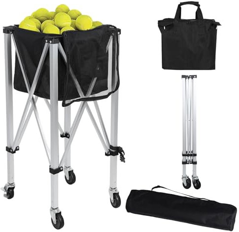 cadciehe Faltbarer Tennisball-Hüpfer, faltbarer Tennisballwagen mit Rädern, leichter Aluminium-Tennisballkorb für 160 Bälle, Sportlehrwagen, Tennisballkorb mit abnehmbarer Tasche, Seite P