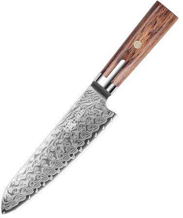 MITSUMOTO SAKARI Damaszener Küchenmesser, 18 cm Santoku Kochmesser | Japanisches Handgeschmiedetes Küchenmesser, S301 Pulver Stahl Kochmesser, Boutique Holzkiste