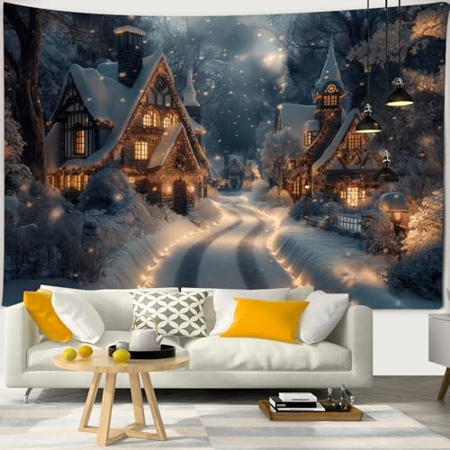 Chickwin 3D-Druck Weihnachtstag Wandteppich, Weihnachts Wanddeko Kamin Wandtuch Wandbehang Weihnachten für Wohnkultur, Schlafzimmer, Weihnachtsessen, Party (230x180cm,Schnee-Haus)