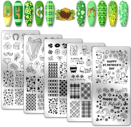 PH PandaHall 5pcs Shamrock Nail Art Schablonen, Klee Blume Blatt Nagel Stamping Platte Saint Patrick Nail Art Stencils Edelstahl Nagel Bild Platten für Urlaub Nageldesign Druck Maniküre Salon
