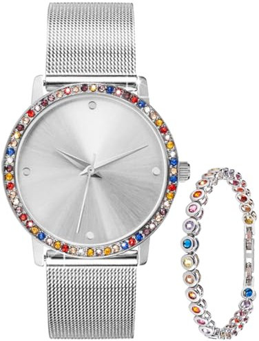 Crystal Blue Damen Armbanduhr Geschenk Set Silber Edelstahl Milanaise Mesh Armband Color mit Tennisarmband 22298