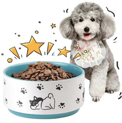 Ceramic Dog Bowl Dog Dish - 6 Inch Ideal for for Small to Medium Dogs - Cute Style with Happy Paw Patterns - Microwave and Dishwasher Safe - 2 Cups - 30 fl oz - Teal