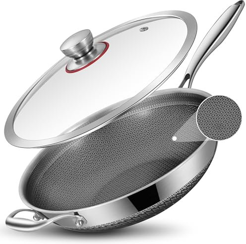 LOLYKITCH Wok anti-adhésif de 33 cm avec couvercle, compatible avec l'induction, revêtement céramique en acier inoxydable à trois couches, parfait pour frire, sauter et mijoter, passe au