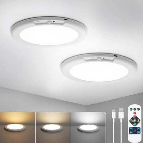 Combuh Led Akku Deckenleuchte Badezimmer mit Bewegungsmelder, Aufladbare Batteriebetriebene Lampe Keller Ohne Stromanschluss, Kabellose Deckenlampen mit Fernbedienung für Garage Flur, Rund 2 Stück
