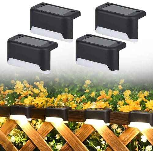 IGEAIIE Solar Deck Lights, 4 Pcs Waterproof LED Step Lights, Solar Powered Fence Light for Outdoor Pathway, Yard, Patio, Stairs, Deck, and Fence (Warm White)