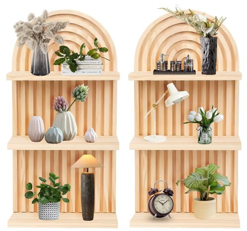 Yallmie 2 Stück Boho Holz Regenbogen, 3 Etagen Wandregal Boho Wanddeko, 20*10*40cm Böhmische Hängeregal Pflanzregal Wandregale für Wohnzimmer, Schlafzimmer, Kinderzimmer, Büro, Küche (Original Holz-3)