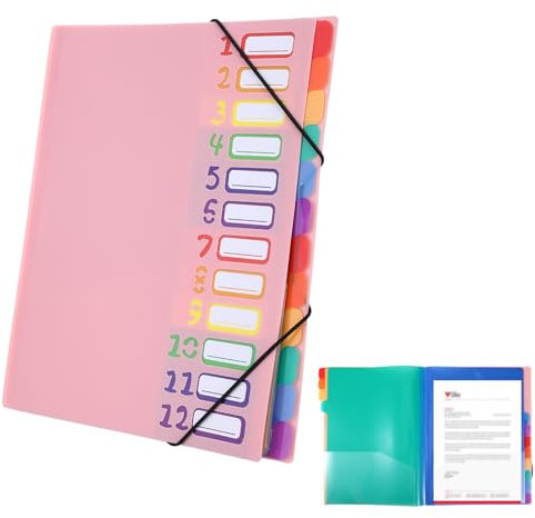 Porte-documents A4 rose avec étiquettes d'index - Trieur A4 avec 12 compartiments - Couleurs arc-en-ciel - Organiseur avec élastique - Pour accessoires scolaires et bureau