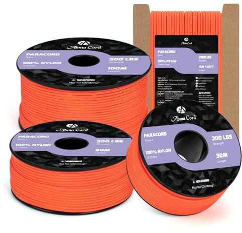 Abma Cord Paracorde 2mm 15m Corde Nylon 3 Brins Type I pour Bricolage, Camping, Extérieur - Max. 90kg (200lbs) - Néon Orange
