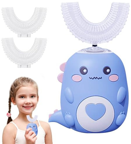 Cepillo de dientes ultrasónico 360º para niños, cepillo de dientes eléctrico con 2 cabezales de cepillo de silicona en forma de U, cepillo de dientes automático con luz LED y aspecto de dinosaurio