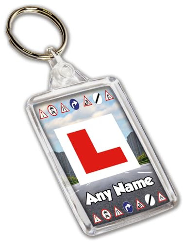 AK Giftshop Personalised Learner Driver Double-Sided Keyring, L-Plate Design, Road Signs,17th Birthday Gift