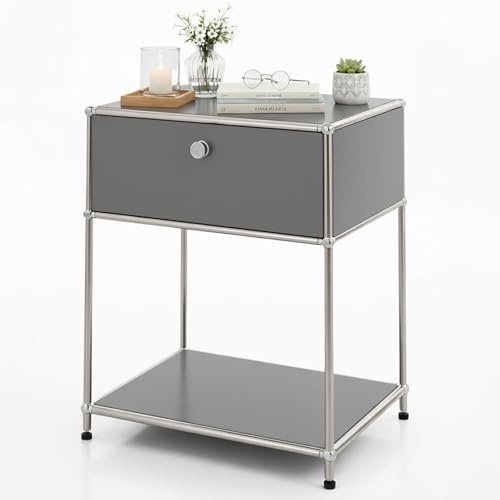 Floordirekt Regal, Metallregal, Beistelltisch - Grau, Chrom, 63Hx50Bx40T cm - Modulares Stecksystem im modernen Design, Metall Regal für Wohnzimmer, Büro, Flur - Nachttisch Concept Epure MK-139