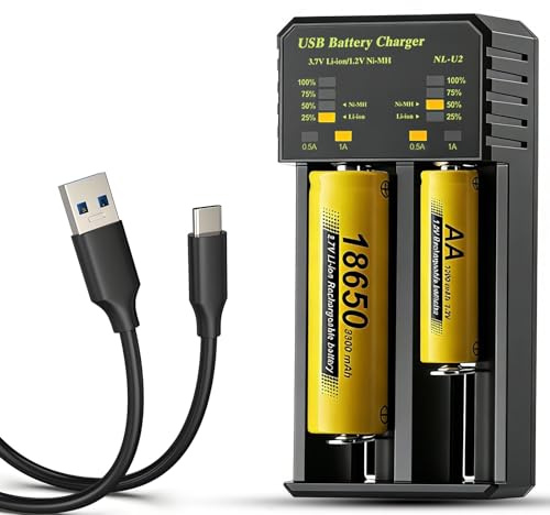 2-in-1 AA AAA & 18650 Battery Charger, 10W Fast Universal Lithium NiMH Charger with Intelligent Battery Detection, Compatible with 1.2V NiMH AA AAA, 3.7V L-ion 18650 26650 21700 Rechargeable Batteries