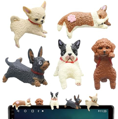 Cute Mini Dog Figurines for Computer Monitor Edge, Desktop Decorations, Car Interior Decor, 5 Piece Set with Boston Terrier, Central Control Screen Figure, Corgi, Poodle, Chihuahua Designs for Car