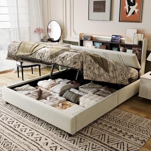 Camas Matrimoniales 160x200 con Almacenaje, Tira LED y USB C, Cama Canape Hidráulico con Alfombra Antipolvo y Cabecero Almacenaje Multifuncional,Cama Tapizada en Terciopelo,Somier Madera 500kg,Beige