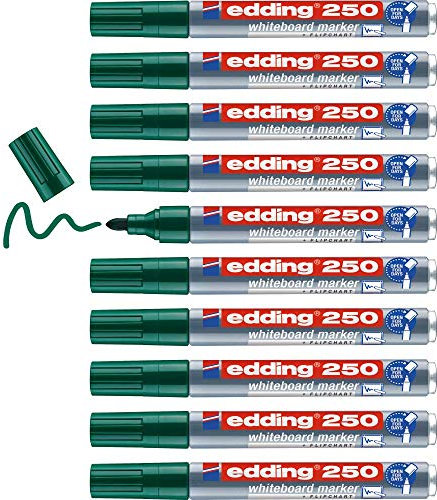 edding 250 Whiteboardmarker - grün - 10 Whiteboard Stifte - Rundspitze 1,5-3 mm - Boardmarker abwischbar - für Whiteboard, Flipchart, Magnettafel, Pinnwand, Memoboard - Sketchnotes - nachfüllbar