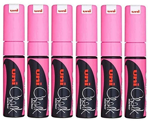 Uni Fluoreszierendes Neon Pink Keilspitze Feder (8 mm) Liquid Chalk Marker Pen Farbe Whiteboard Tafel Kreidetafel Menu Glas Windows Nass Wischen nicht permanent (Pack von 6) pwe-8 K