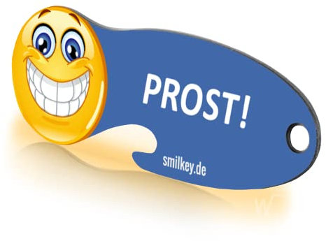 Einkaufswagenlöser ® SmilKey Prost! / Schlüsselanhänger Einkaufschip mit Schlüsselfundservice/Abziehbarer Einkaufswagenchip Metall, Chip Einkaufswagen, Key Finder / 1 Stück