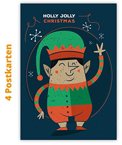 Kartenkaufrausch 4er Set Elfen Weihnachts Postkarten im Retro Look: Holly Jolly Christmas - lustig fürs Fest