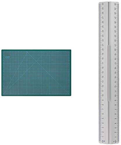 Wedo 79145 Schneideunterlage Cutting Mat A3 (CM 45 selbstschließende Oberfläche, 45 x 30 x 0,3 cm) grün & Wedo 525235 Lineal aus Aluminium 30 cm mit Griff für Rechts- und Linkshänder , silber