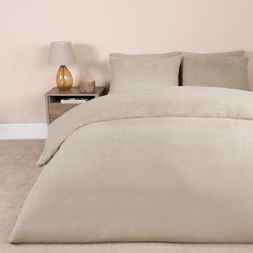 Brentfords Super King Teddy Fleece Duvet Set Beige, Christmas Duvets Super King Size Thermal Bedding Super Soft Warm Duvet Covers Bed Set with Pillowcases