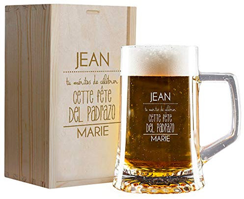 My original gift Cadeau de fête des pères personnalisé: chope à bière gravée avec vos noms dans un coffret en bois également gravé