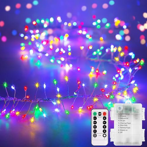 CCILAND 3m Remote Garland String Lights for Bedroom, 8 Mode 200 LED Cluster Light Battery Operated with Timer, Dimmable Wedding Party Decor Light for Tree Vase Window (Multicolored, Silver Wire)