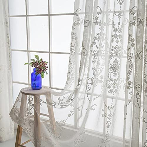Amidoudou 2er-Set Vorhänge Weiß Transparent Tüllvorhänge Für Wohnzimmer Schlafzimmer Bestickte Tüllvorhänge Im Europäischen Stil (Weiß,230x140 cm)