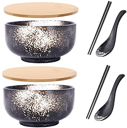 Bol japonais avec couvercle, bol de ramen en céramique, lot de 2 bols de ramen en céramique vintage bol de riz dessiné à la main bol de nouilles instantanées,A2