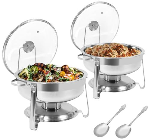 BriSunshine Chafing Dishes for Buffet, 2 Pack 4 QT Chafing Dish Buffet Set with Serving Spoons, Stainless Steel Buffet Servers and Warmers with Glass Lid & Lid Holder for Parties Wedding Event