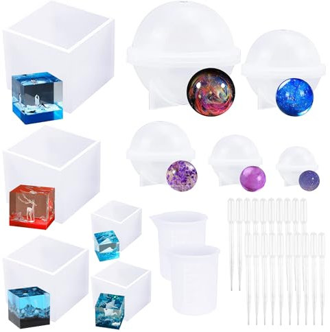 Cutefly 32 Stück Schmuck Silikonform Sphere Gießform Resin Form Platz Gießformen Silikon, Silikon Messbecher für die Schmuckherstellung
