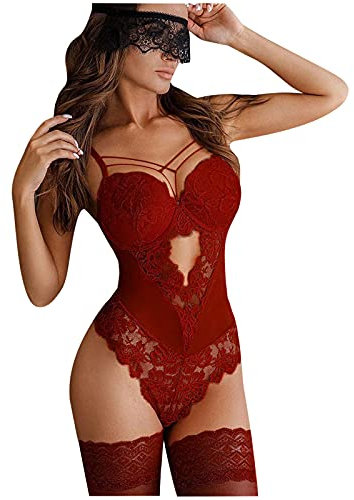 AMhomely Sexy Lingerie for Women Naughty Erotic Outfits Women's Sexy Lace Teddy Babydoll Bodysuits Nightwear Slutty Underwears Nightwear Sets for Ladies UK Sale Clearance, 25 Wine, XL