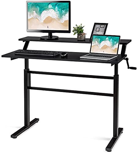 COSTWAY 120 x 60cm 2-Tier Height Adjustable Sit Stand Desk with Monitor Stand & Foldable Crank Handle, Ergonomic Home Office Computer Table Writing Workstation (Black)