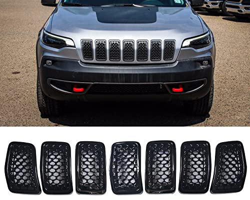 KYYET 7 Stück glänzende, schwarze Frontgitter Gitter Gitter Verkleidung Wabeneinsatz Abdeckung kompatibel mit Jeep Cherokee 2019 2020 2021 Zubehör