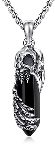 Raben Totenkopf Halskette 925 Sterling Silber Wikinger Rabenvogel Schädel Halskette Schwarz Heilkristall Halskette Vintage Gotik Raben Schmuck Geschenke für Herren Damen 20+2 Inch Kette