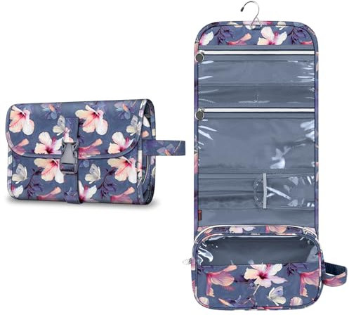 Portable Toiletry Travel Wash Bag, FINPAC Large Water Resistant Hanging Makeup Organizer Cosmetic Storage Pouch Case for Women Girls, Blooming Hibiscus